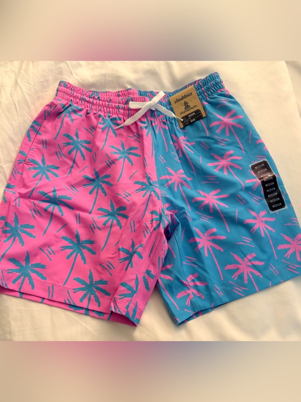 chubbies 7” Colorblock Palm-Print Swim Shorts — Pink & Blue